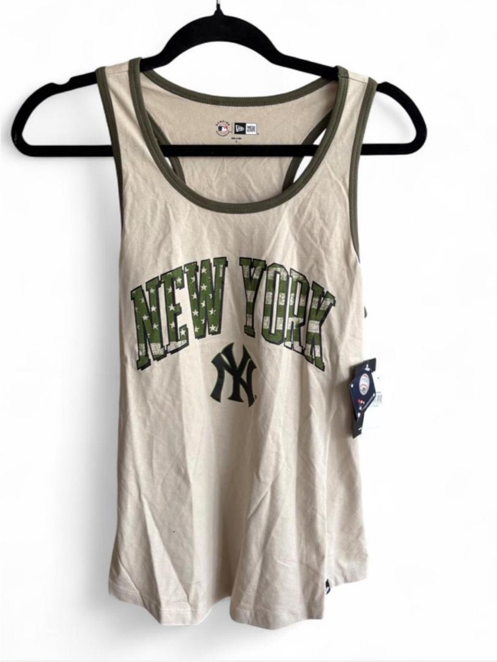 New York Yankees Logo Cream Tank Top with Olive Trim - Women's